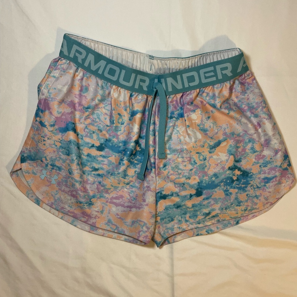 Under Armour Girls’ Teal Waistband Multicolor Marble Print Athletic Shorts